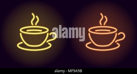 Neon Tasse und Untertasse in Gelb und Orange. Vector Illustration der Tasse Tee oder Kaffee aus Neon skizziert, mit Hintergrundbeleuchtung auf dem Stock Vektor