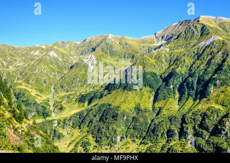 Tageslicht Querformat zu grünen Karpaten mit Bäumen und Felsen. Der strahlend blaue Himmel. Negative Kopie Platz, Platz für Text. Transfagarasan Stockfoto