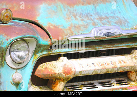 Nahaufnahme eines alten rustikalen Chevrolet Truck mit rostigen, abgenutzt, schimmelige Front-end. Stockfoto