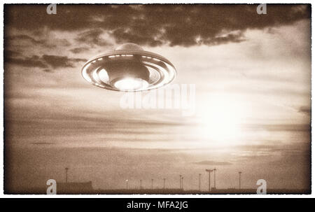 Alte UFO-Bild. Bild Konzept der Aliens. Rendering 3D über das reale Bild. Beschneidungspfad der Bilderrahmen enthalten. Stockfoto