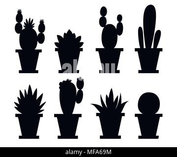 Schwarze Silhouette. Satz von Blumen und dekorative Kaktus. Home pflanzen Kaktus in Töpfen und mit Blumen. Eine Vielzahl von dekorativen Blumen. Vektor illustratio Stock Vektor