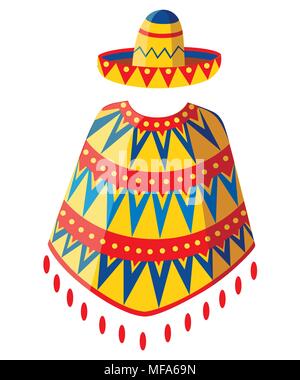 Sombrero cartoon Mexican Hat und Poncho mann Silhouette. Dekoriert vintage party Symbol. Vector Illustration auf weißem Hintergrund. Website Pag Stock Vektor