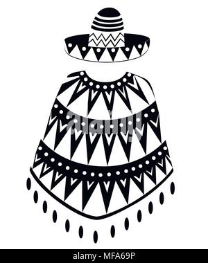 Schwarze Silhouette. Sombrero cartoon Mexican Hat und Poncho mann Silhouette. Dekoriert vintage party Symbol. Vector Illustration auf weißen backgr isoliert Stock Vektor