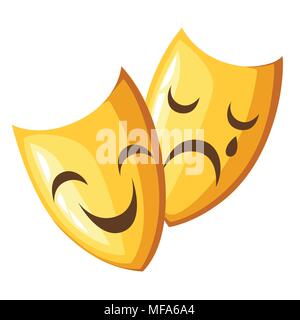 Zwei alte traditionelle griechische Masken. Gold Theater Masken Komödie und Tragödie. Cartoon Design. Vector Illustration auf weißem Hintergrund. Stock Vektor