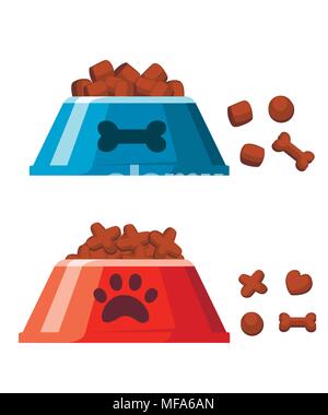 Hund Trockenfutter Schüssel. Knochen Crisps. Rote und blaue PET-Schale mit Trockenfutter. Vector Illustration auf weißem Hintergrund. Web site Seite und Mobile Stock Vektor