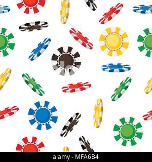 Nahtlose Muster von Flying casino chips. Anfallende Späne. Flaches Design Stil. Vector Illustration auf weißem Hintergrund. Web site Seite und Mobile Stock Vektor