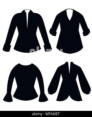 Schwarze Silhouette. Satz von Blusen. Kleidung für die Dame. Weibliche formale langärmlige Blusen. Flat Style Design. Vector Illustration auf weißen Hinterg isoliert Stock Vektor