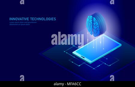 Isometrische künstliche Intelligenz Business Konzept. Blau leuchtende Isometrische persönliche Daten Verbindung pc Smartphone menschliche Gehirn Technik der Zukunft. 3D-infografik Vector Illustration Stock Vektor