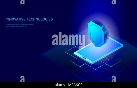 Isometrische Internet Security Shield Geschäftskonzept. Blau leuchtende Isometrische persönliche Daten Verbindung pc smartphone Technik der Zukunft. 3D-infografik Vector Illustration Stock Vektor