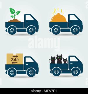 Pflanzen, Lebensmittel, Tiere und Pakete Lieferwagen Symbole. Vector Illustration Stock Vektor