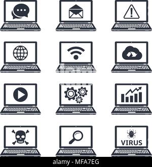 Sammlung von Laptop-Symbole mit Zeichen und Symbole auf dem Bildschirm. Vector Illustration. Stock Vektor