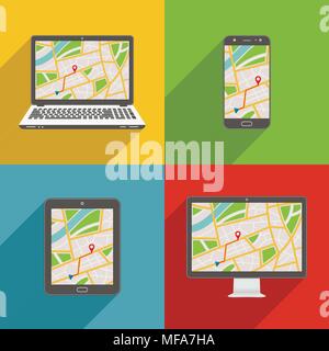 Flache Bauweise lange Schatten gestalteten modernen Vektor Icon Set von Gadgets und Geräte mit GPS-Karte Stock Vektor