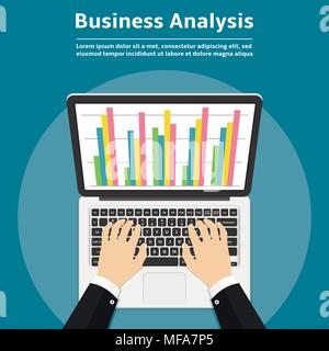 Geschäftsmann mit Laptop analysiert Daten. Analyse Konzept, flache Bauform. Vector Illustration. Stock Vektor