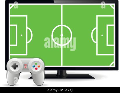 Joystick und TV mit Fußball-Feld auf dem Bildschirm. Video Spiel Konzept. Vector Illustration Stock Vektor
