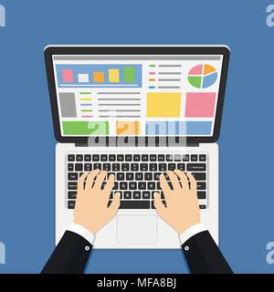 Geschäftsmann Hände auf Laptop Tastatur. Flache Bauform. Vector Illustration. Stock Vektor