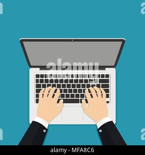 Geschäftsmann Hände auf Laptop Tastatur mit leerer Bildschirm überwachen. Flat Style Vector Illustration. Stock Vektor