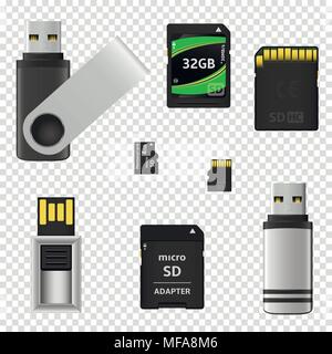 USB-Sticks und Speicherkarten auf transparentem Hintergrund isoliert. Vector Illustration. Stock Vektor