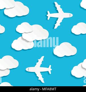 Nahtlose Muster mit Papier Flugzeuge und Wolken. Blue Sky Travel Hintergrund. Vector Illustration. Stock Vektor