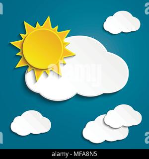 Wolken und Sonne auf blauem Hintergrund, Papier Art Style, Vector Illustration Stock Vektor