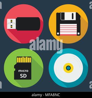 Flache Bauweise lange Schatten gestalteten modernen Vektor Icon Set von Datenspeichern Stock Vektor