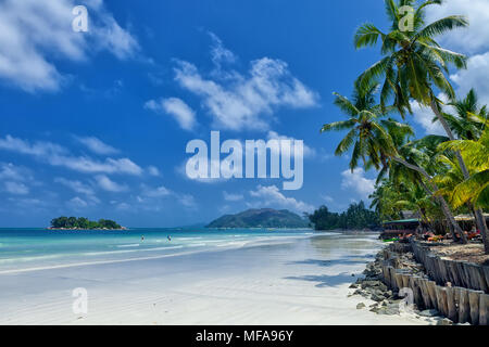 Weißen Korallensand auf а tropischen Strand. Insel Praslin, Seychellen Stockfoto