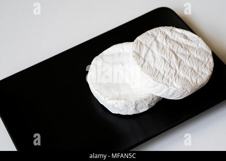 Zwei Köpfe von Camembert oder Brie Käse in Schwarze quadratische Platte. Ansicht von oben. Für Hintergrund, mit Kopie Raum Stockfoto