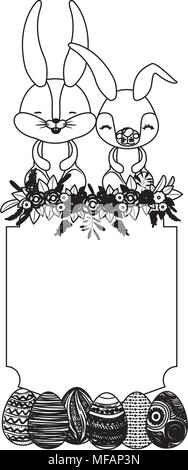 Niedliche Kaninchen Paar mit Ei und Kranz Ostern Vector Illustration Stock Vektor