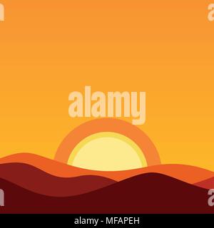 Cartoon Landschaft der Wüste bei Sonnenuntergang. Vector Hintergrund Illustration in orange Farben der Abendsonne und den Horizont. Stock Vektor