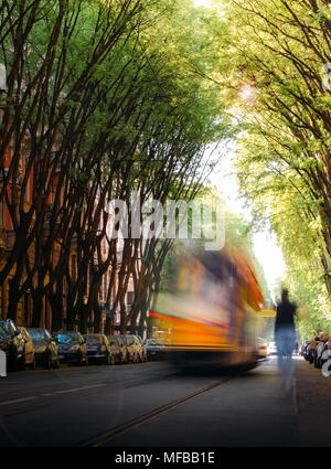 Nicht identifizierbare Person, hin zu einer Aus blur Straßenbahn auf einem von Bäumen gesäumten Weg auf der Straße - stressigen Situation in städtischen Einstellung Stockfoto