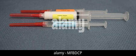 Drei beschriftet Spritzen mit Rot bedeckte Sicherheit Nadeln mit Medikamenten für Anästhesie - fentanyl Midazolam, Propofol und auf einem blau grau Handtuch. Stockfoto
