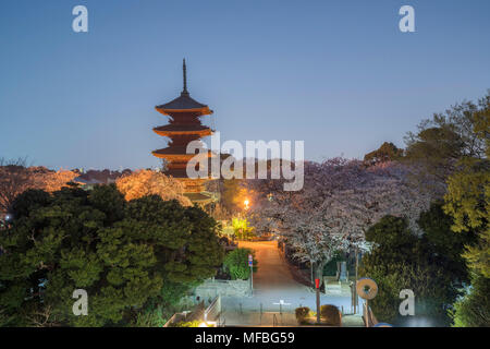 Fünf stöckige Pagode, in der Dämmerung, während Sakura Saison, Ikegami Honmonji Tempel, Ota-Ku, Tokio, Japan Stockfoto