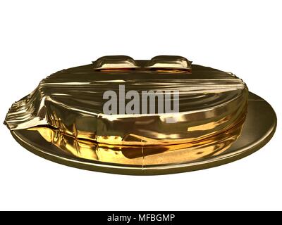 3D-Rendering von einem goldenen Bett auf einem weißen Hintergrund isoliert Stockfoto