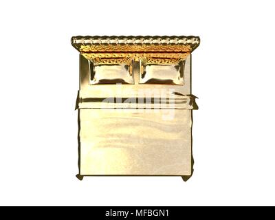 3D-Rendering von einem goldenen Bett auf einem weißen Hintergrund isoliert Stockfoto