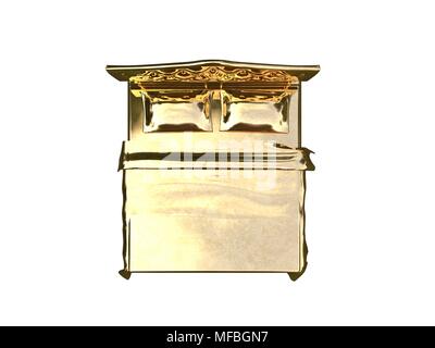 3D-Rendering von einem goldenen Bett auf einem weißen Hintergrund isoliert Stockfoto