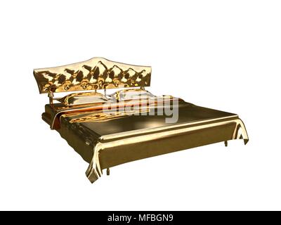 3D-Rendering von einem goldenen Bett auf einem weißen Hintergrund isoliert Stockfoto