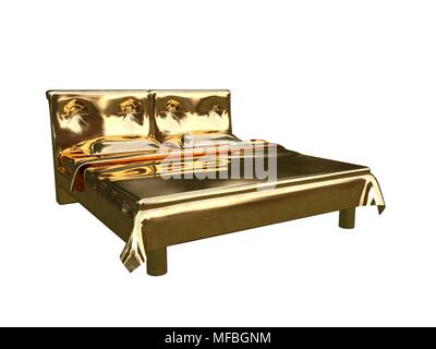 3D-Rendering von einem goldenen Bett auf einem weißen Hintergrund isoliert Stockfoto