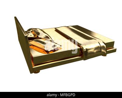 3D-Rendering von einem goldenen Bett auf einem weißen Hintergrund isoliert Stockfoto