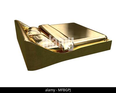 3D-Rendering von einem goldenen Bett auf einem weißen Hintergrund isoliert Stockfoto