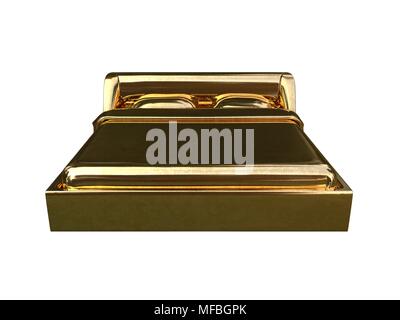 3D-Rendering von einem goldenen Bett auf einem weißen Hintergrund isoliert Stockfoto