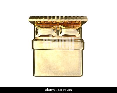 3D-Rendering von einem goldenen Bett auf einem weißen Hintergrund isoliert Stockfoto