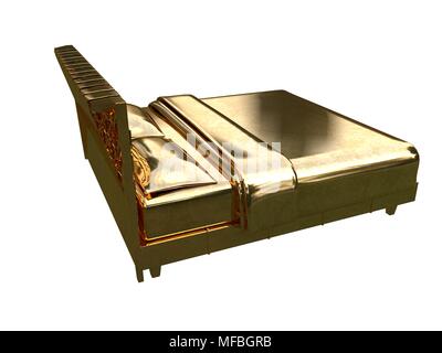 3D-Rendering von einem goldenen Bett auf einem weißen Hintergrund isoliert Stockfoto