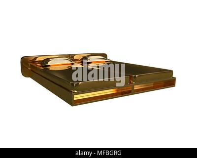 3D-Rendering von einem goldenen Bett auf einem weißen Hintergrund isoliert Stockfoto