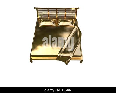 3D-Rendering von einem goldenen Bett auf einem weißen Hintergrund isoliert Stockfoto
