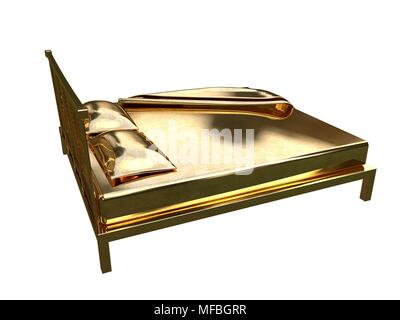 3D-Rendering von einem goldenen Bett auf einem weißen Hintergrund isoliert Stockfoto