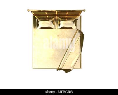 3D-Rendering von einem goldenen Bett auf einem weißen Hintergrund isoliert Stockfoto