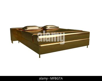3D-Rendering von einem goldenen Bett auf einem weißen Hintergrund isoliert Stockfoto