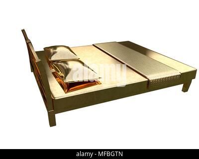 3D-Rendering von einem goldenen Bett auf einem weißen Hintergrund isoliert Stockfoto