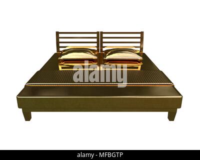 3D-Rendering von einem goldenen Bett auf einem weißen Hintergrund isoliert Stockfoto