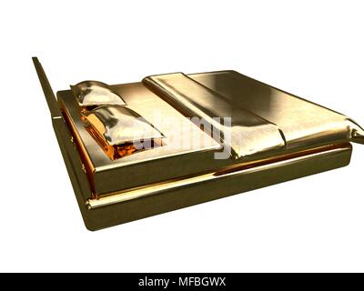 3D-Rendering von einem goldenen Bett auf einem weißen Hintergrund isoliert Stockfoto