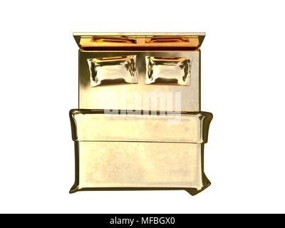 3D-Rendering von einem goldenen Bett auf einem weißen Hintergrund isoliert Stockfoto